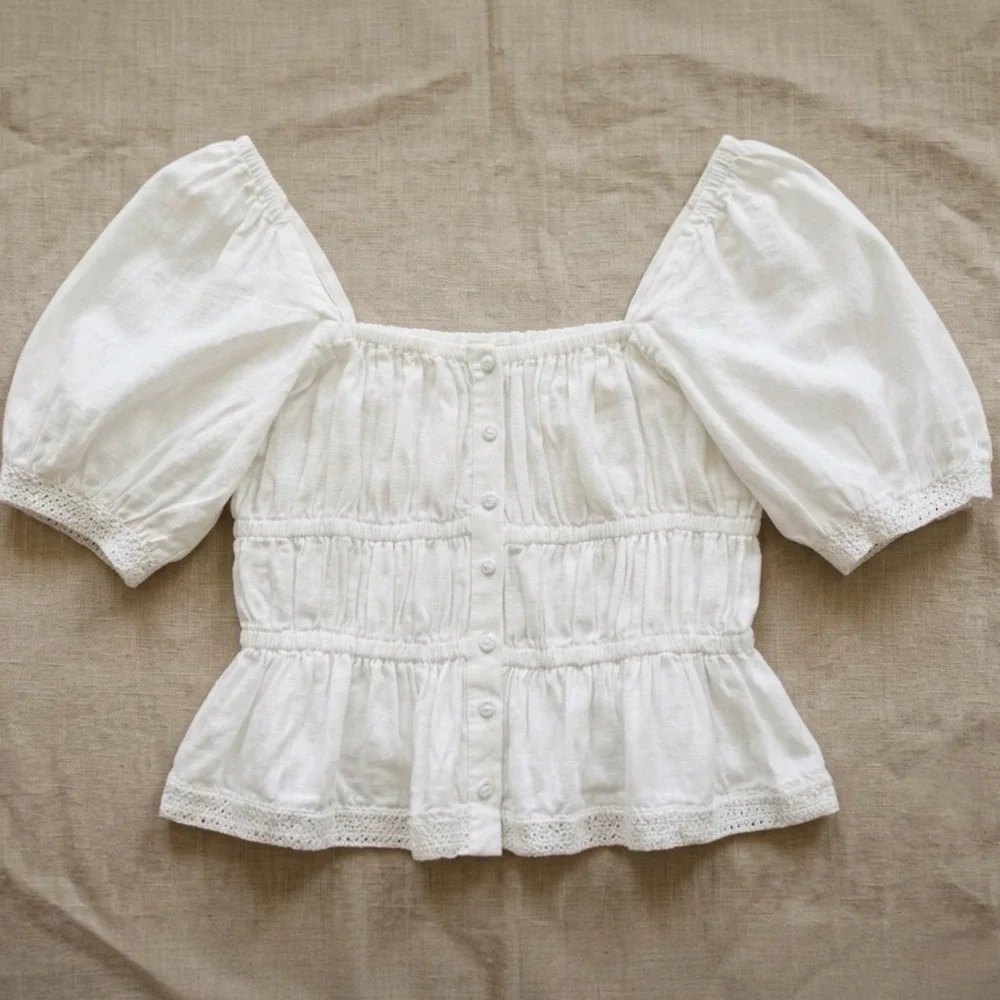Ulla Johnson Smocked Short Sleeve White Linen Peplum Top Size 14
